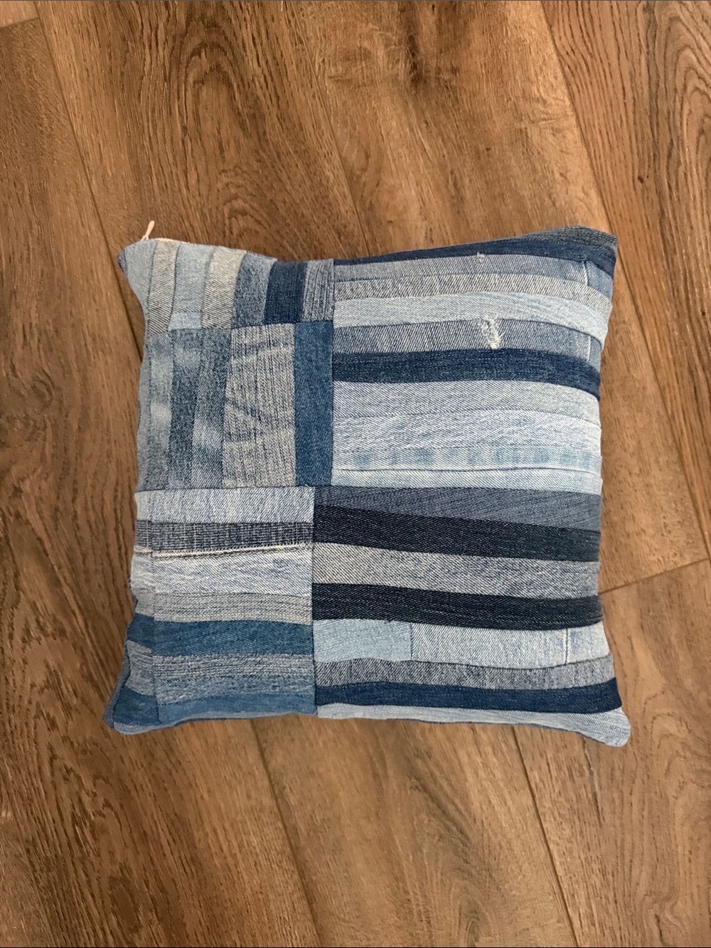 Striped Denim Patchwork Throw Pillow - Blue 12x12
